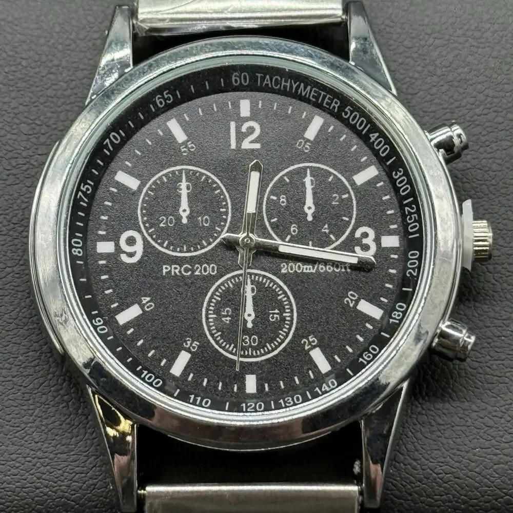 Unbranded Mens Chronograph Watch Black Dial Silver Steel Band Sports Quartz